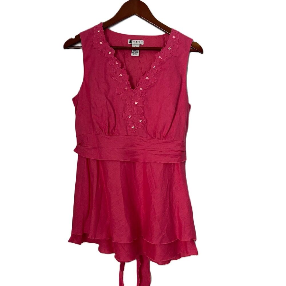 Carole Little Blouse Women L Pink Linen Sequin Applique Ruffle Tie Whimsy VTG